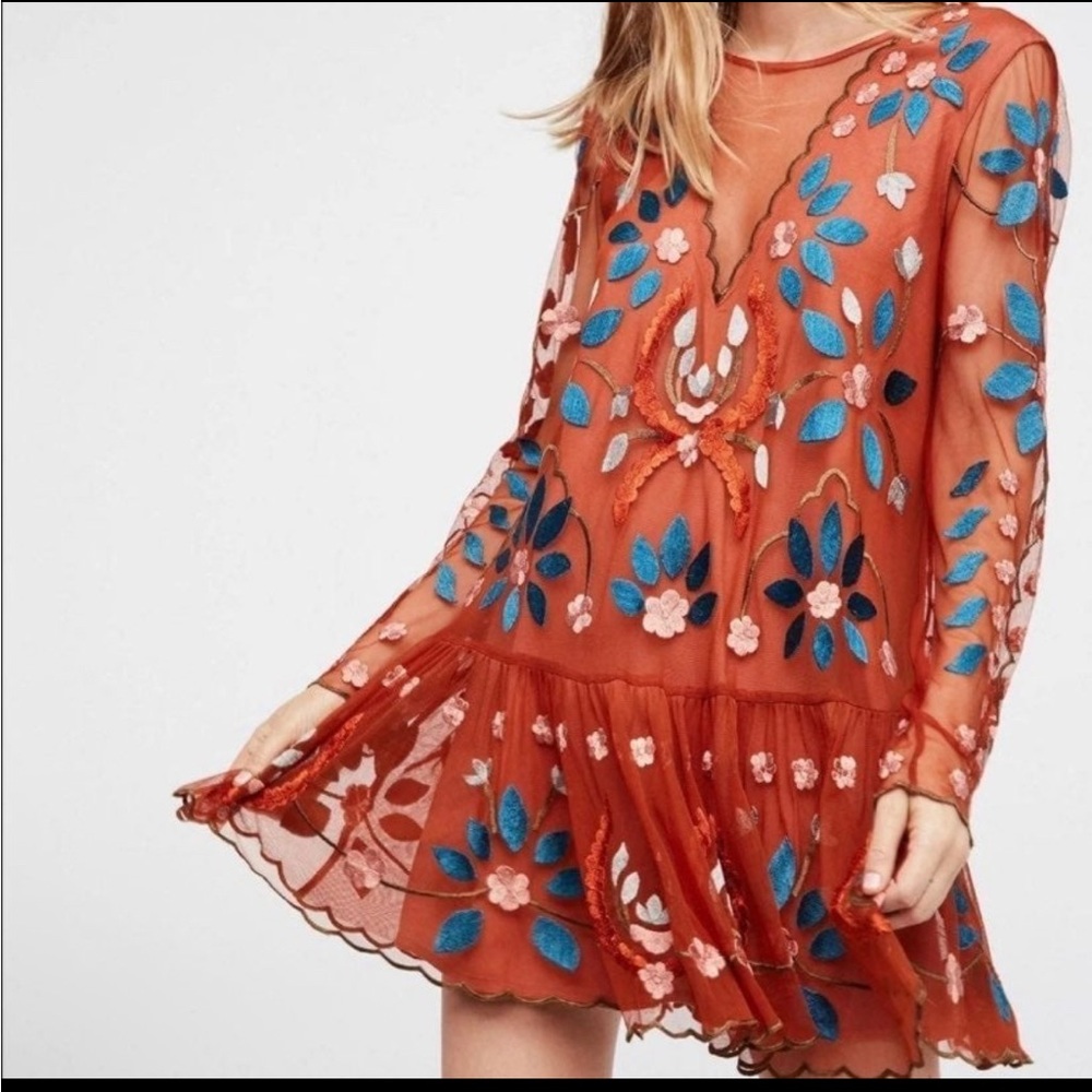 Free People Hearts Are Wild Rust Floral Embroidered Dress Will fit a small!